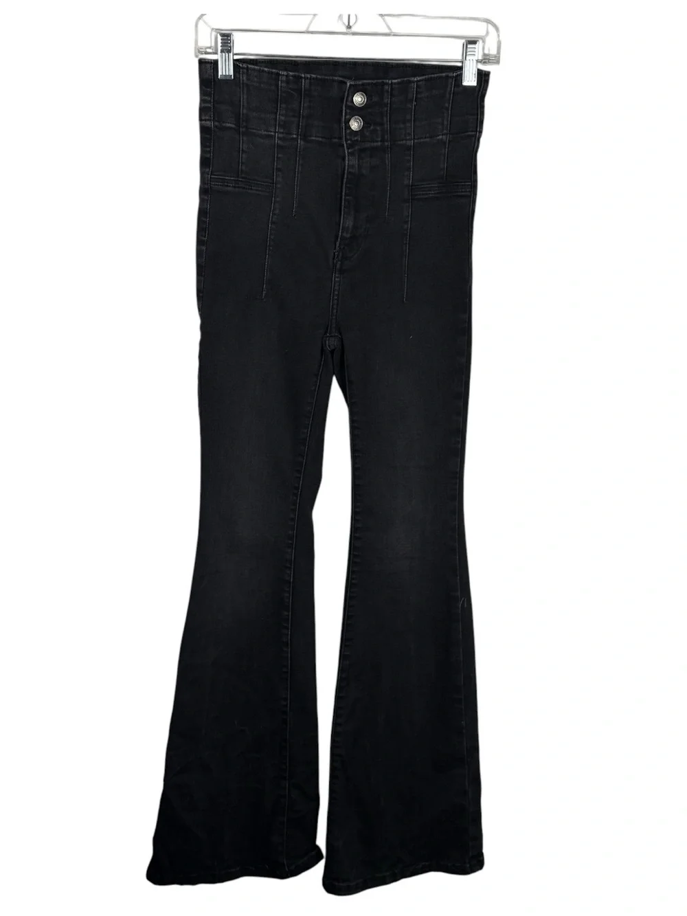 Free People Black High Waisted Exposed Button Flare Jeans 28 Stretch Denim 27